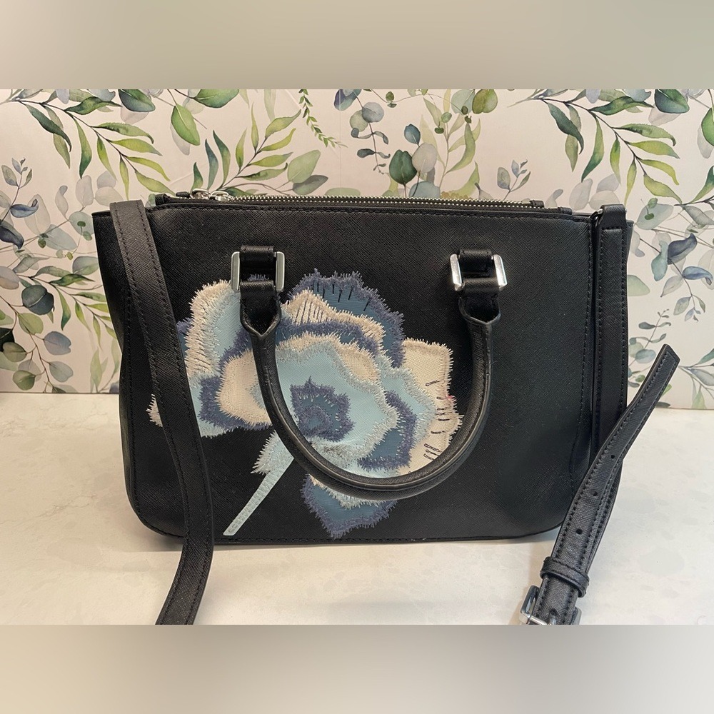 Tory Burch Robinson Floral Tote Shoulder Crossbody Handbag‎ Black Blue Leather